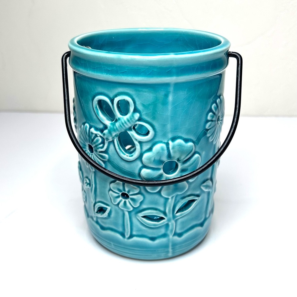 Turquoise Hanging Ceramic Lantern Floral Cutouts 6” Tall